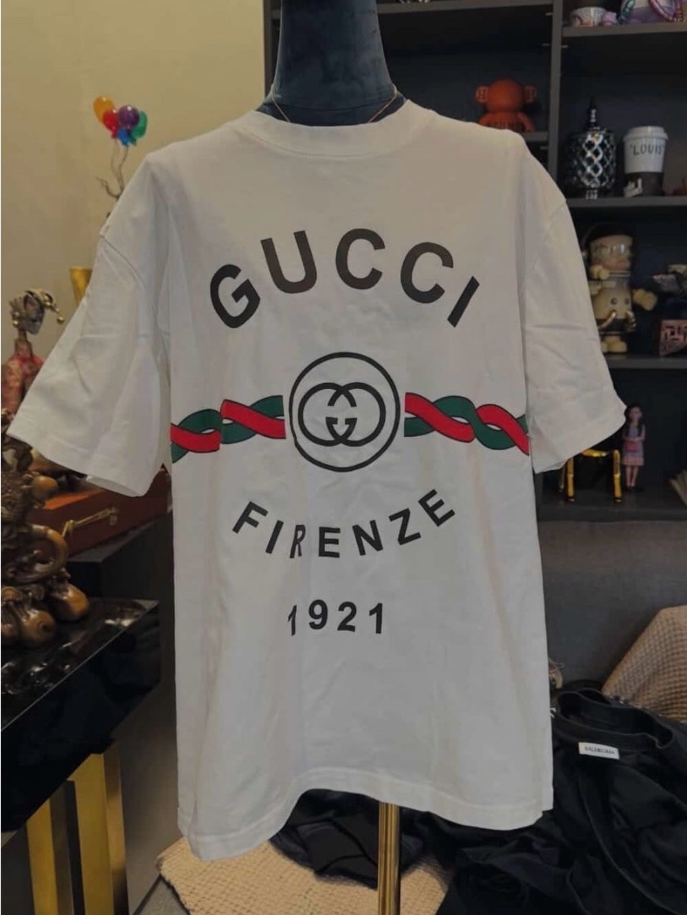 Gucci White Firenze 1921 Logo Tee with Red-Green Stripe